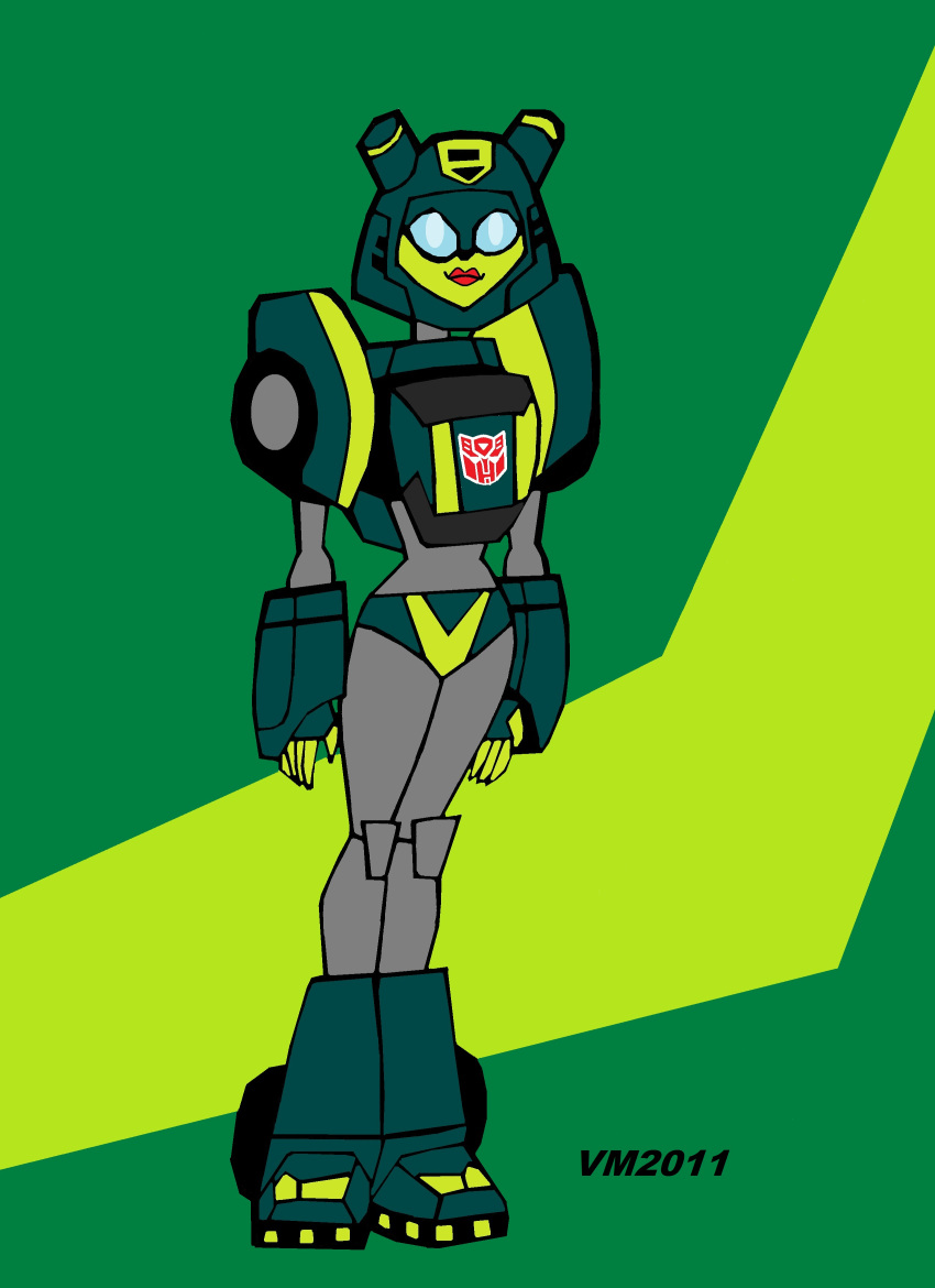 1girl absurdres armor autobot blue_eyes can't_be_this_cute_2 colored_skin glyph_(transformers) green_background green_panties grey_skin highres horns humanoid_robot narrow_waist panties red_lips robot shortstack solo transformers transformers_animated underwear vectormagnus2011