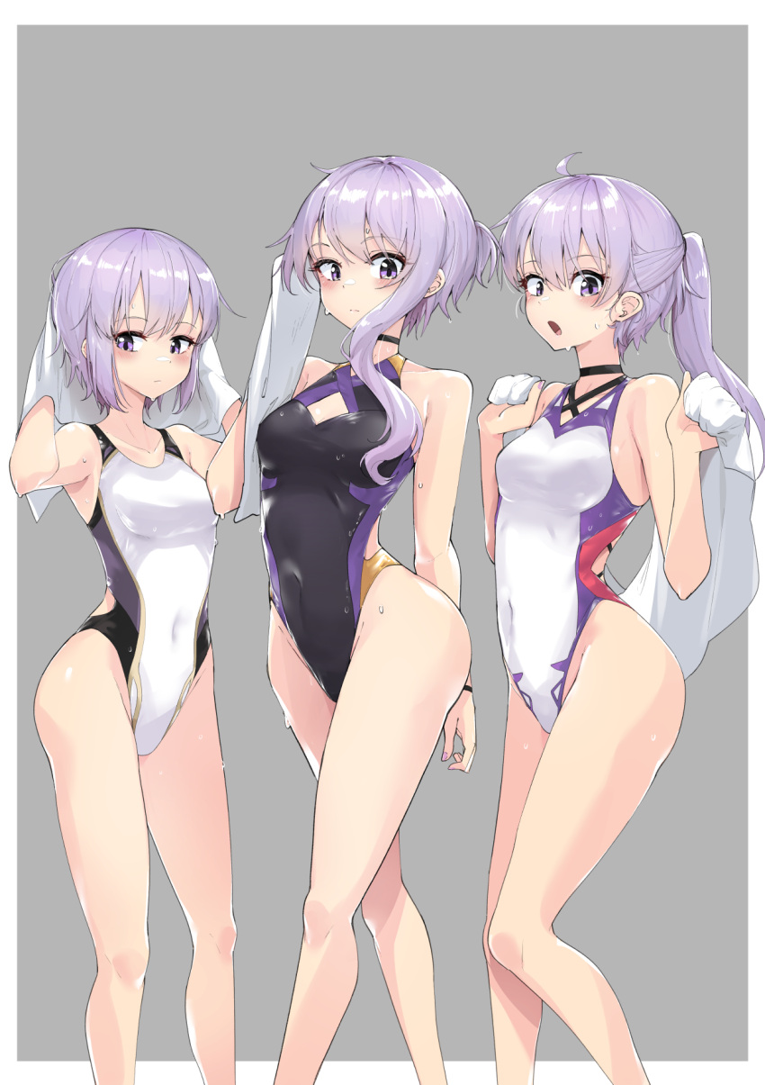 3girls black_one-piece_swimsuit competition_swimsuit covered_navel feet_out_of_frame grey_background highleg highleg_swimsuit highres long_hair looking_at_viewer multiple_girls one-piece_swimsuit ponytail purple_eyes purple_hair short_hair short_hair_with_long_locks swimsuit towel voiceroid white_one-piece_swimsuit yuzuki_yukari yuzuki_yukari_(rei) yuzuki_yukari_(shizuku) zooanime