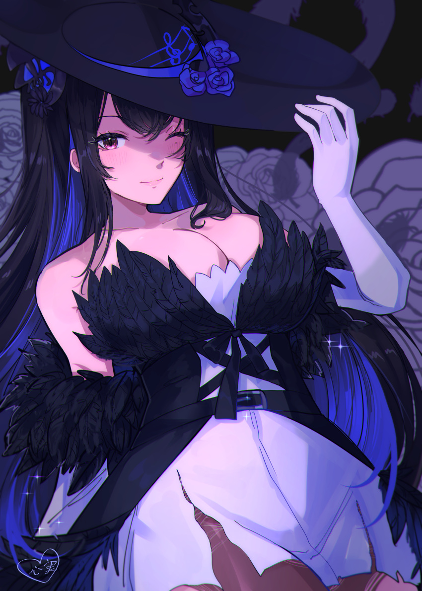 1girl absurdres bare_shoulders belt black_belt black_feathers black_headwear blush breasts cleavage closed_mouth demon_horns feathers flower gloves hand_on_headwear hat hat_flower highres hololive hololive_english horns kokomi_(aniesuakkaman) large_breasts mole mole_under_eye nerissa_ravencroft red_eyes smile solo sun_hat virtual_youtuber white_gloves