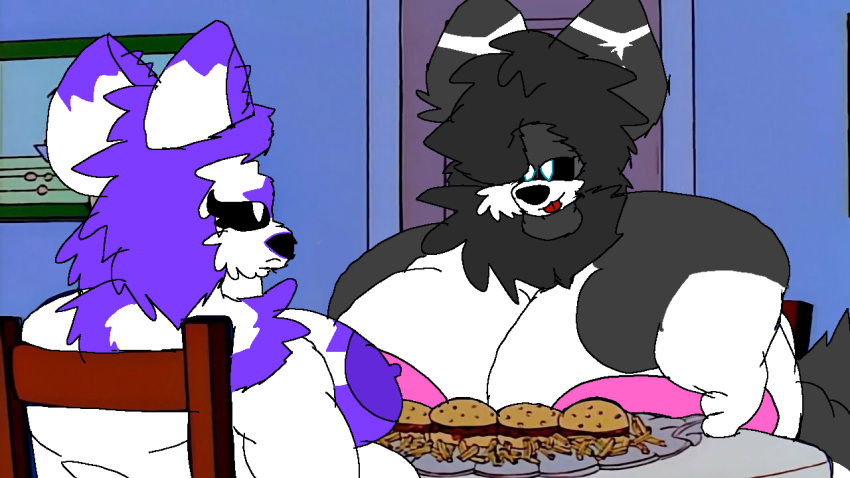 anthro barely_visible_tail big_breasts black_border black_eyeballs black_hair blep blue_eyes border breasts burger canid canine canis domestic_dog duo eye_contact fat_rolls female fluffy fluffy_tail food fox fries hair huge_breasts husky hybrid hyper hyper_breasts hyper_nipples intersex intersex/female looking_at_another lunaia mammal morbidly_obese morbidly_obese_female nipples nixielikeschaos nordic_sled_dog nuuk(nixielikeschaos) obese obese_female overweight overweight_female pink_nipples purple_hair purple_nipples red_tongue spitz steamed_hams tail thick_arms tongue tongue_out wolf wolfdog