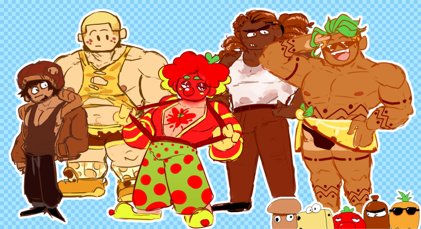 5boys :/ :d abs absurdres amber_(sugarovin) bara bare_pectorals belly black_male_swimwear blonde_hair brown_pants brown_shorts brown_tank_top bulge buzz_cut character_request cheese cheese_print clenched_teeth clown clown_nose dark-skinned_male dark_skin facial_hair food food_print freckles frown fruit goatee hand_on_hip height_difference highres large_feet large_pectorals makeup male_focus male_swimwear midriff multiple_boys muscular muscular_male mushroom mushroom_print navel navel_hair nipples open_clothes open_shirt pants pectoral_cleavage pectorals personification pineapple pizza_topping pizza_tower plump print_pants red_hair reference_inset sausage see-through shirt shoes short_hair shorts sideburns sidepec sketch smile sneakers stomach sunglasses suspenders_pull swim_briefs tank_top teeth thick_thighs thighs tomato tomato_juice topless_male torn_tank_top very_short_hair wet wet_clothes wet_shirt white_tank_top yellow_tank_top