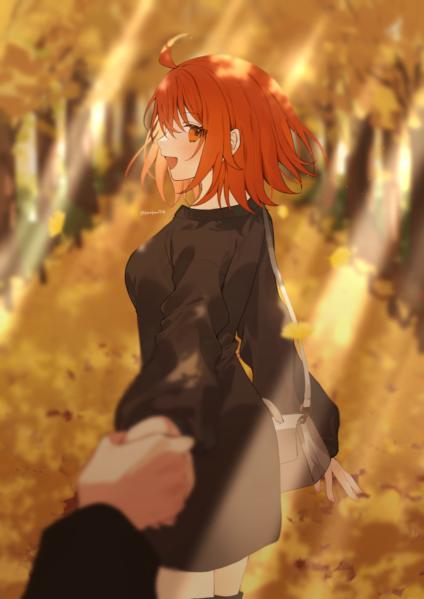 1boy 1girl absurdres ahoge black_dress blurry blurry_background blush breasts dress fate/grand_order fate_(series) fujimaru_ritsuka_(female) hetero highres holding_hands light_rays looking_at_viewer looking_back medium_breasts oberon_(third_ascension)_(fate) orange_eyes orange_hair outdoors pov pov_hands romo827 smile solo_focus twitter_username