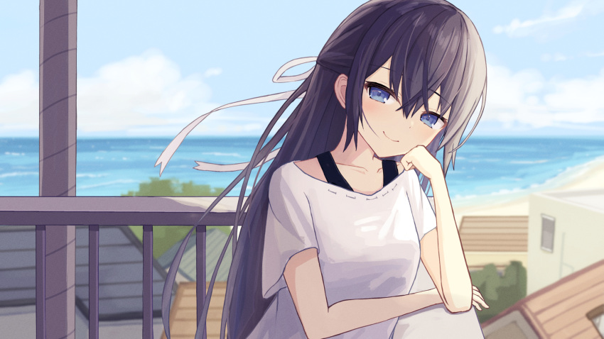 1girl black_hair blue_eyes blue_sky building closed_mouth cloud collarbone commentary_request commission crossed_bangs day enokitake hair_between_eyes half_updo hand_on_own_chin highres house long_hair ocean one_side_up original outdoors pixiv_commission railing rooftop shirt short_sleeves sidelocks sky smile solo standing t-shirt white_shirt window
