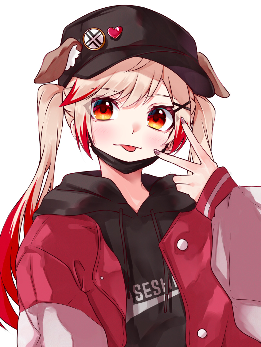 1girl :p absurdres animal_ears badge baseball_cap black_headwear black_hoodie blonde_hair blush brown_nails button_badge buttons chukachuka closed_mouth commentary_request dog_ears dog_girl ears_through_headwear fingernails hat heart_pin highres hood hood_down hoodie jacket long_hair long_sleeves looking_at_viewer medium_bangs nanashi_inc. open_clothes open_jacket orange_eyes red_eyes red_jacket seshima_rui simple_background smile solo tongue tongue_out transparent_background twintails upper_body v virtual_youtuber