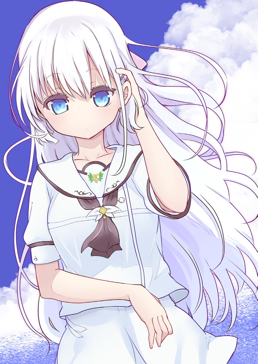 1girl ascot black_ascot blue_eyes blue_sky blunt_ends blush closed_mouth cloud commentary cool-kyou_shinja cowboy_shot day expressionless eyelashes floating_hair hair_between_eyes hair_ornament hairclip hand_in_own_hair hand_up highres long_hair looking_at_viewer miniskirt naruse_shiroha non-web_source outdoors puffy_short_sleeves puffy_sleeves sailor_collar school_uniform shirt short_sleeves skirt sky solo standing summer_pockets very_long_hair white_hair white_sailor_collar white_shirt white_skirt wind wind_lift