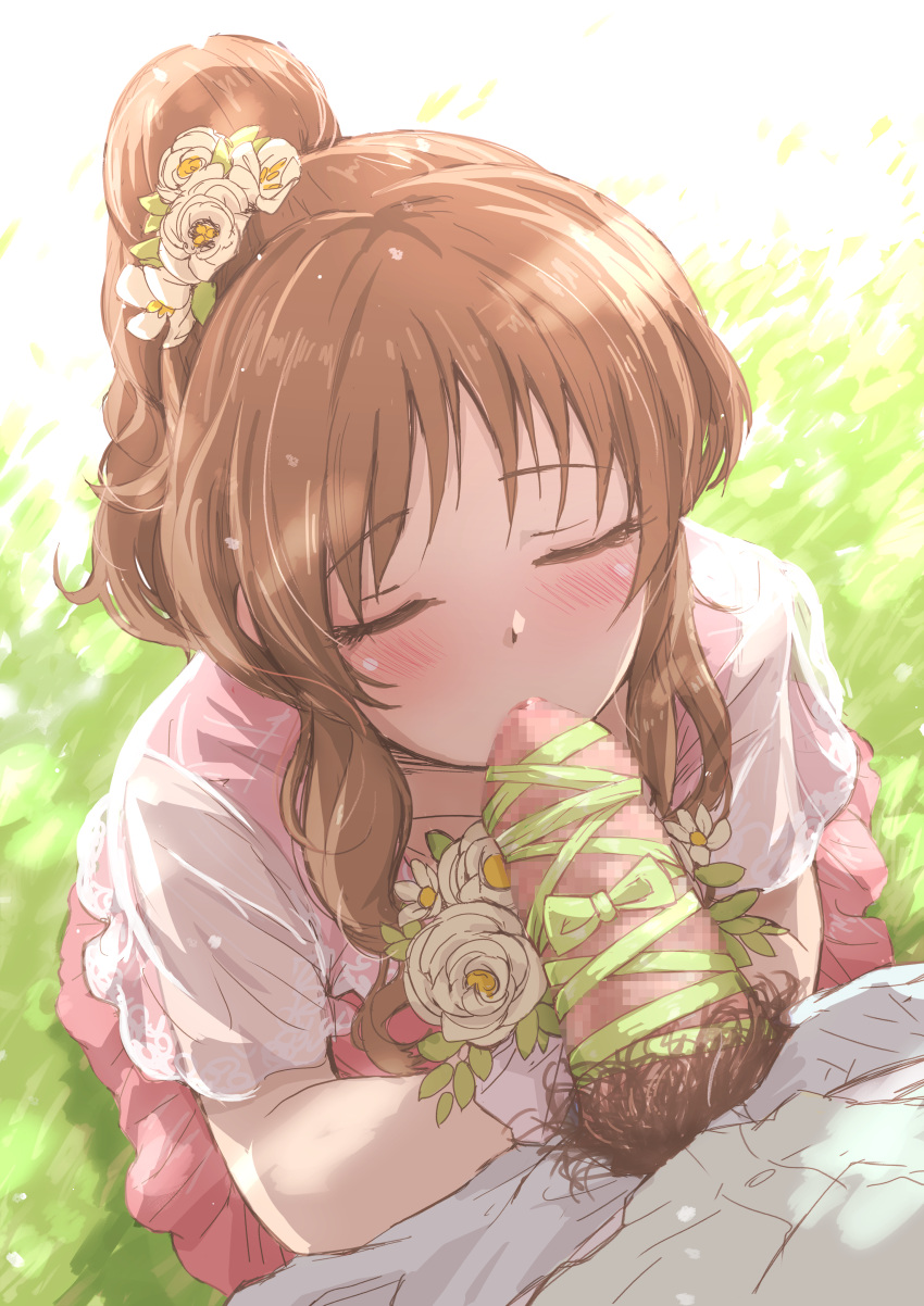 1boy 1girl absurdres blush bouquet brown_hair censored closed_eyes commentary dress flower from_above hair_bun hair_flower hair_ornament hetero highres holding holding_bouquet idolmaster idolmaster_cinderella_girls kissing_penis mosaic_censoring outdoors penis penis_ribbon pink_dress ponytail pov pov_crotch ribbon sidelocks single_hair_bun solo takamori_aiko tomawarinosuizou