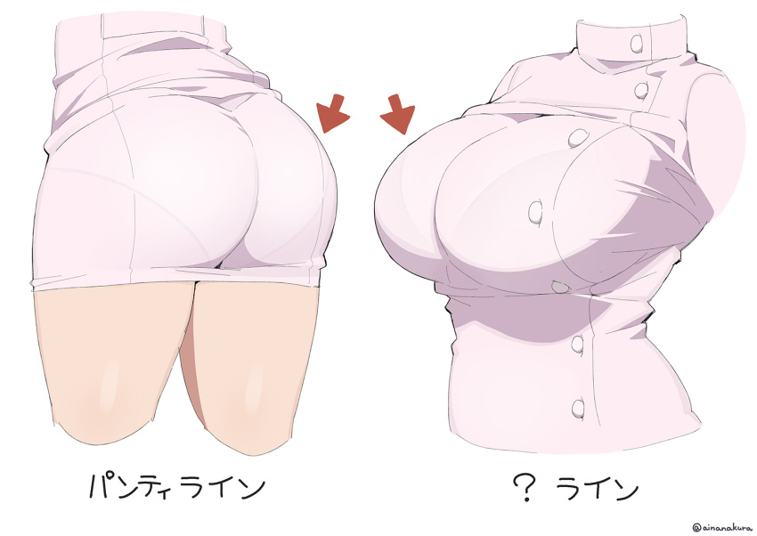 1girl arrow_(symbol) ass bralines breasts buttons collared_shirt commentary_request cropped_head cropped_legs cropped_torso double-breasted large_breasts multiple_views nanakura_nanane nurse original pantylines shirt thighs tight_clothes translated twitter_username