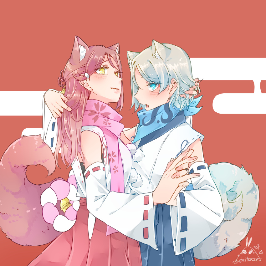 2girls alternate_costume animal_ear_fluff animal_ears blue_eyes blue_skirt commentary_request detached_sleeves fox_ears fox_girl fox_tail grey_hair hair_ornament hairclip hakama hakama_skirt half_updo hand_in_another's_hair highres holding_hands interlocked_fingers japanese_clothes kashikaze kemonomimi_mode kitsune long_hair looking_at_viewer love_live! love_live!_sunshine!! multiple_girls open_mouth pom_pom_(clothes) red_background red_hair red_skirt sakurauchi_riko scarf short_hair signature simple_background skirt slit_pupils smirk tail teeth upper_teeth_only watanabe_you white_sleeves wide_sleeves yellow_eyes yuri
