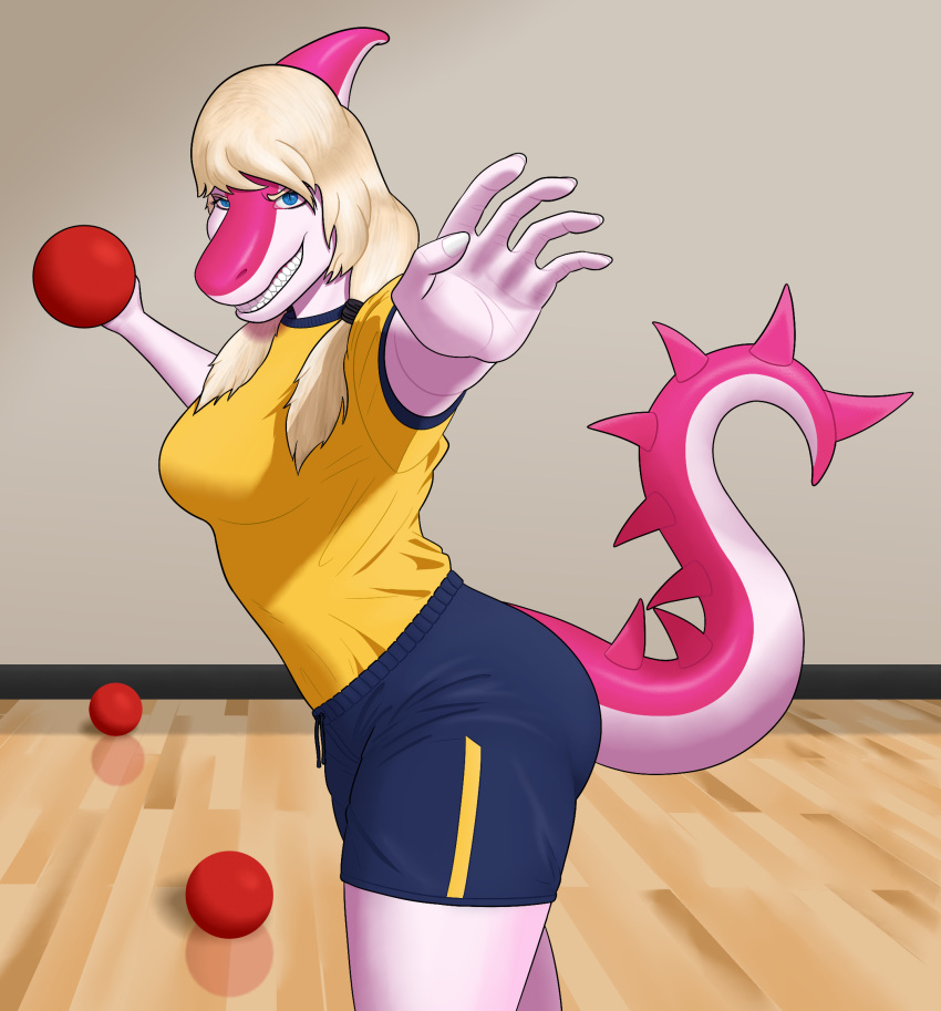 2023 anthro blonde_hair blue_eyes bottomwear breasts bubble_butt butt clothing curvy_figure detailed_background digital_drawing_(artwork) digital_media_(artwork) dinosaur dodgeball eyelashes female fingers gym gym_bottomwear gym_clothing gym_shorts gymnasium hadrosaurid hair hi_res i_wani_hug_that_gator inside long_hair long_tail looking_at_viewer magenta_body magenta_scales mia_(iwhtg) multicolored_body multicolored_scales ornithischian parasaurolophus pink_body pink_scales reptile scales scalie sharp_teeth shorts smile snout solo spikes spikes_(anatomy) tail teeth two_tone_body two_tone_scales unknown_artist