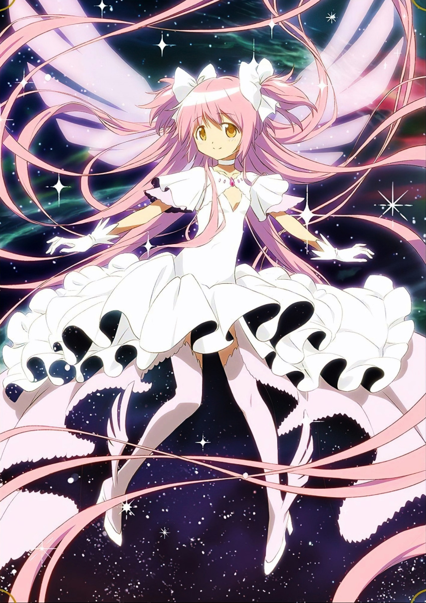 1girl absurdly_long_hair aniplex arms_at_sides breasts choker cleavage_cutout closed_mouth clothing_cutout collarbone dot_nose dress floating floating_hair frilled_dress frills full_body glint gloves hair_over_shoulder hair_ribbon high-low_skirt high_heels highres kaname_madoka layered_dress layered_sleeves legs_apart light_blush long_dress long_hair looking_at_viewer mahou_shoujo_madoka_magica mahou_shoujo_madoka_magica:_hangyaku_no_monogatari nebula official_art pink_dress pink_hair pink_thighhighs pink_wings pumps ribbon shoes sky small_breasts smile solo space sparkle star_(sky) star_(symbol) starry_sky straight_hair taniguchi_jun'ichirou tareme thighhighs transparent_wings two-tone_dress two_side_up ultimate_madoka underbust very_long_hair white_choker white_dress white_footwear white_gloves white_ribbon wide_sleeves winged_footwear wings yellow_eyes zettai_ryouiki