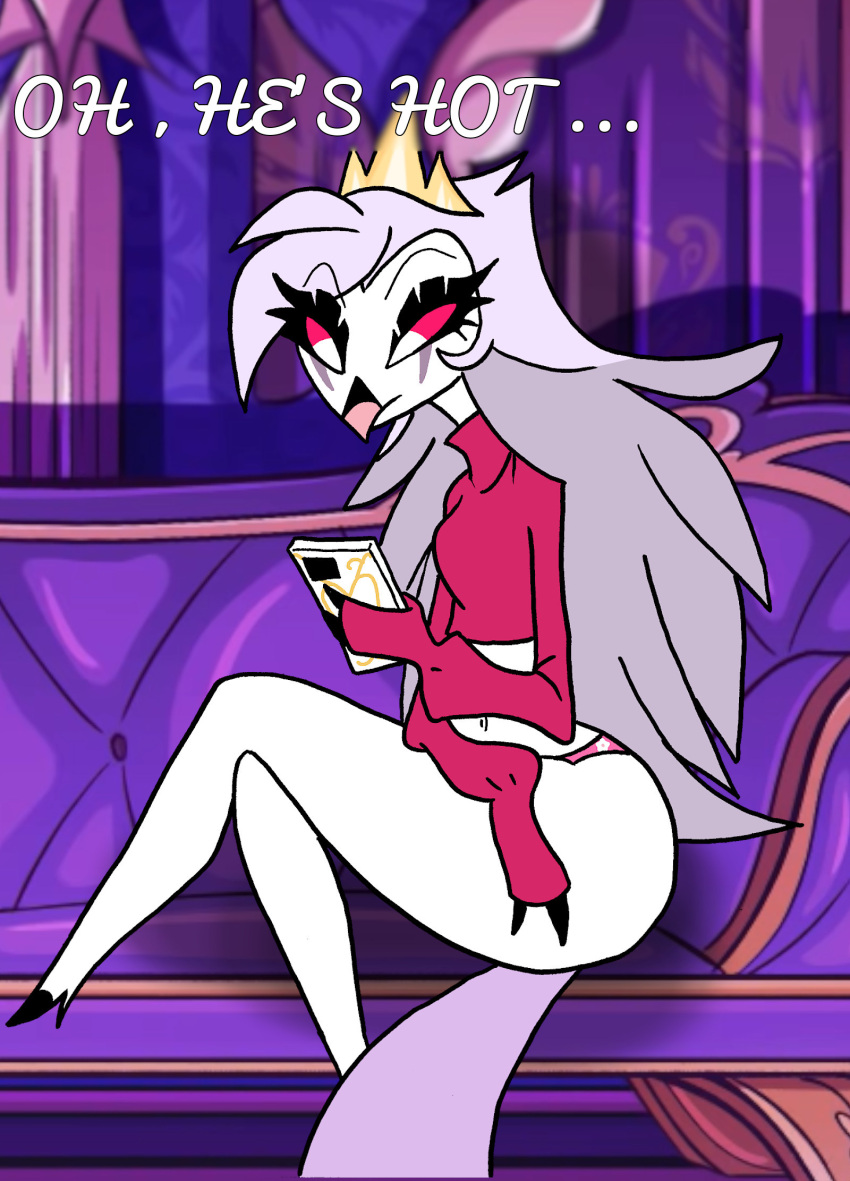 akuma_nemui anthro beak big_butt butt cafe-grimful clothing crossed_arms crossed_legs crown demon dialogue female fur furniture hair headgear helluva_boss hi_res looking_down panties phone red_eyes sofa solo sweater thick_thighs topwear tori_(akuma_nemui) underwear white_body white_fur white_hair