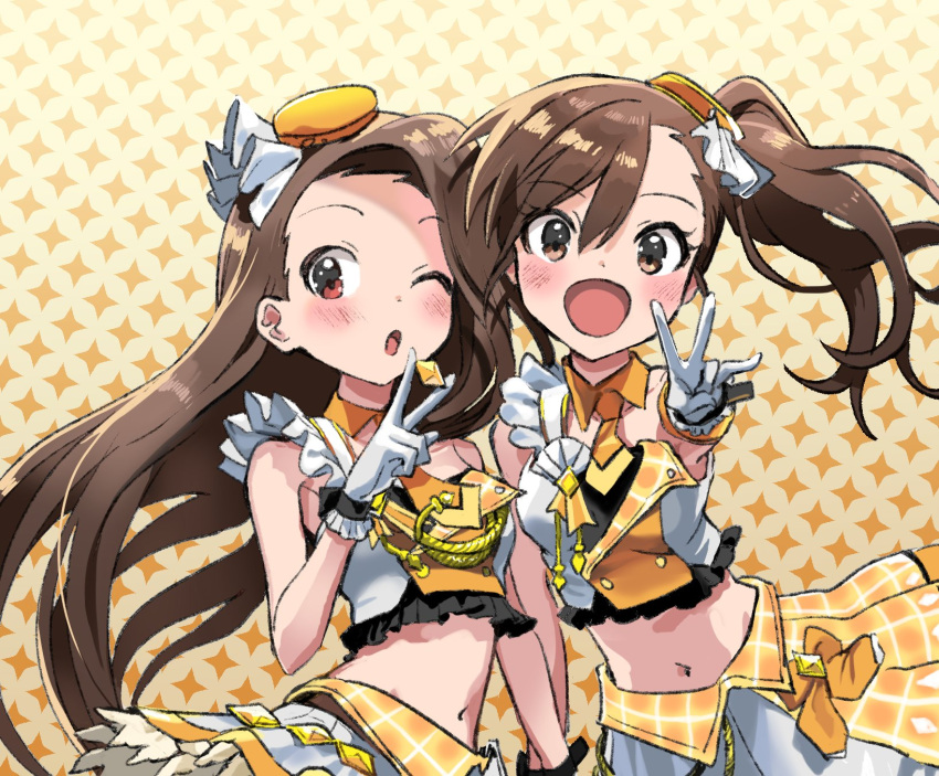 2girls bare_shoulders blush bow breasts brown_eyes brown_hair collar collarbone cowboy_shot crop_top cropped_shirt detached_collar dot_nose frilled_shirt frilled_skirt frills futami_mami gem gloves hair_bow hand_up hat hat_ribbon highres holding holding_gem idolmaster idolmaster_(classic) idolmaster_million_live! idolmaster_million_live!_theater_days itohari_(mamiiori1) long_hair looking_at_viewer midriff minase_iori mini_hat multiple_girls navel one_eye_closed open_mouth orange_collar orange_headwear plaid plaid_skirt reaching reaching_towards_viewer red_eyes ribbon shirt side_ponytail skirt sleeveless sleeveless_shirt small_breasts smile standing starry_background two-tone_necktie two-tone_shirt two-tone_skirt v white_gloves white_ribbon yellow_background