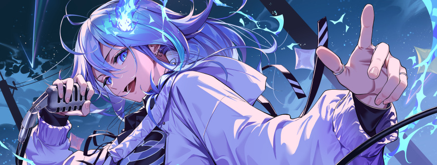 1boy :d antenna_hair aqua_hair black_ribbon black_shirt blue_eyes blue_fire cloud earrings fingernails fire hair_between_eyes highres hitodama holding holding_microphone holostars hood hood_down hooded_jacket jacket jewelry kainown long_hair long_sleeves looking_at_viewer male_focus microphone microphone_stand minase_rio multicolored_hair multiple_rings night pinky_ring power_lines purple_hair ribbon ring shirt shooting_star skeleton_print sky smile solo star_(sky) starry_sky streaked_hair stud_earrings thumb_ring upper_body utility_pole vintage_microphone virtual_youtuber white_jacket wind