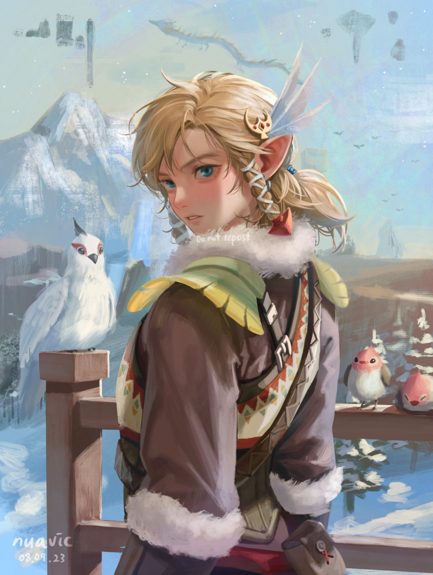 1boy artist_name bird blonde_hair blue_eyes brown_coat coat dated dragon fur-trimmed_coat fur_trim hair_ribbon highres link looking_at_viewer low_ponytail male_focus mountain nuavic outdoors parted_lips pointy_ears ribbon sidelocks snow solo the_legend_of_zelda the_legend_of_zelda:_tears_of_the_kingdom winter winter_clothes