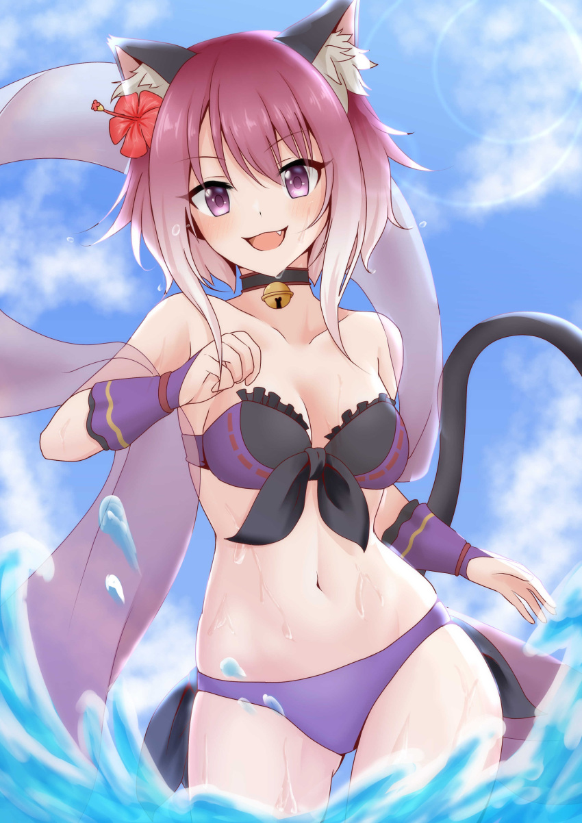 1girl :d absurdres animal_ear_fluff animal_ears ass_visible_through_thighs bare_shoulders bell bikini breasts bridal_gauntlets cat_ears cat_girl cat_tail chakuro96 commentary_request flower front-tie_bikini_top front-tie_top hair_flower hair_ornament highres jingle_bell looking_at_viewer medium_breasts navel neck_bell official_alternate_costume open_mouth princess_connect! purple_bikini purple_eyes ribbon-trimmed_bikini shawl short_hair smile solo swimsuit tail tamaki_(princess_connect!) tamaki_(summer)_(princess_connect!)