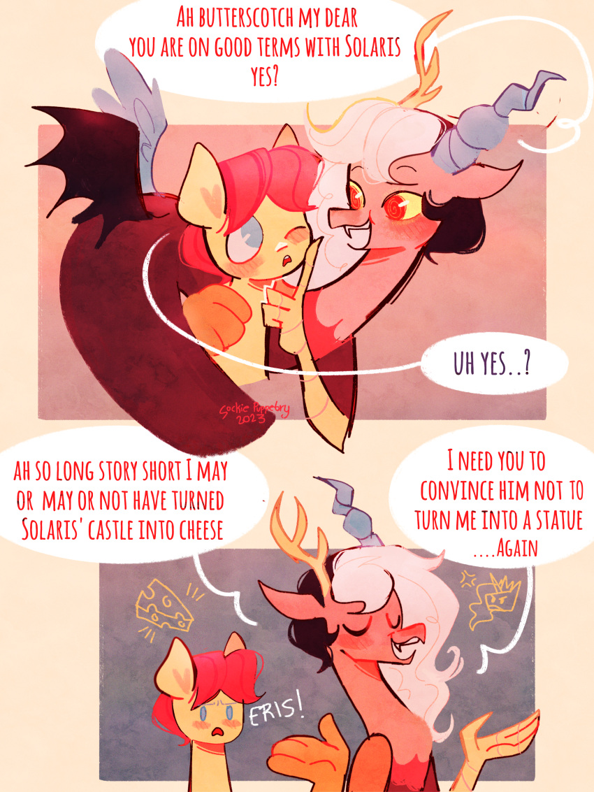 absurd_res antlers comic crossgender dialogue discord_(mlp) english_text equid equine female fluttershy_(mlp) friendship_is_magic ftm_crossgender hasbro hi_res horn male mammal my_little_pony red_eyes sockiepuppetry text