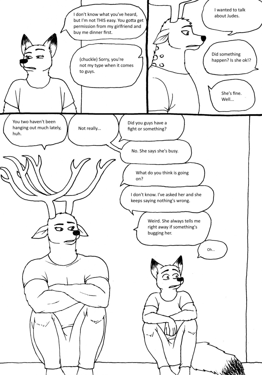 2023 5_fingers anthro antlers barefoot bernielover canid canine clothed clothing comic deer dialogue disney duo english_text feet fingers fox fur hi_res horn humanoid_hands male mammal nick_wilde sitting speech_bubble spots spotted_body spotted_fur text whitney_(bernielover) zootopia