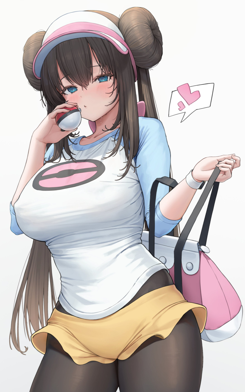 1girl absurdres bag black_pantyhose blue_eyes blush breasts brown_hair double_bun hair_bun hat heart highres holding holding_bag large_breasts long_hair looking_at_viewer p00nipooni pantyhose poke_ball pokemon pokemon_(game) pokemon_bw2 raglan_sleeves rosa_(pokemon) shirt shorts simple_background solo sweat twintails visor_cap yellow_shorts