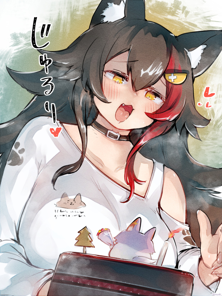 1girl animal_ear_fluff animal_ears asymmetrical_clothes asymmetrical_shirt birthday_cake black_choker black_hair blush breasts cake choker clothing_cutout commentary_request fang flipped_hair food hair_ornament hairclip highres hololive ikayaki_(ikayaki4) large_breasts long_hair long_sleeves looking_at_object miofa_(ookami_mio) multicolored_hair official_alternate_costume ookami_mio ookami_mio_(3rd_costume) open_mouth paw_print paw_print_pattern red_hair shoulder_cutout sidelocks single_bare_shoulder spiked_hair streaked_hair very_long_hair virtual_youtuber wolf_ears yellow_eyes