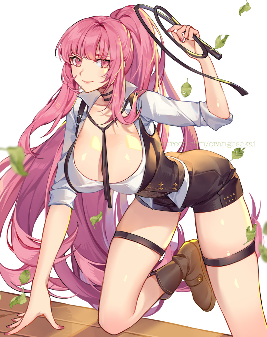 1girl blush boots breasts collared_shirt falling_leaves highres holding holding_whip hololive hololive_english large_breasts leaf long_hair long_sleeves looking_at_viewer mori_calliope nail_polish orange_sekaii pink_eyes pink_hair sheriff shirt shorts sleeves_rolled_up smile solo thigh_strap virtual_youtuber