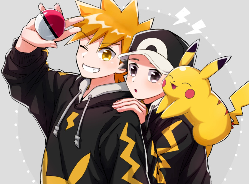 2boys :o arm_up black_headwear black_hoodie blonde_hair blue_oak commentary_request grey_background grey_eyes grin hand_on_another's_shoulder hat hood hoodie lightning_bolt_symbol long_sleeves male_focus mochi_(mocchi_p_2m) multiple_boys open_mouth pikachu pokemon pokemon_(creature) pokemon_(game) pokemon_frlg red_(pokemon) short_hair smile spiked_hair tassel teeth yellow_eyes