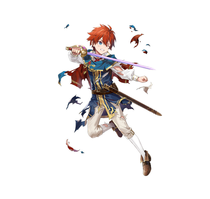 1boy aged_down blue_eyes brown_footwear capelet clenched_teeth damaged eliwood_(fire_emblem) fire_emblem fire_emblem:_the_blazing_blade fire_emblem_heroes holding holding_sword holding_weapon neck_ribbon official_alternate_costume official_art one_eye_closed red_capelet red_hair red_ribbon ribbon sheath solo sword teeth torn_clothes v-shaped_eyebrows weapon