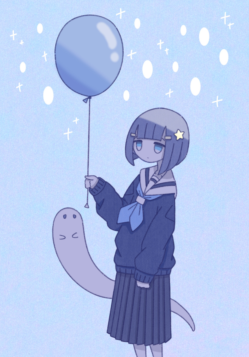 0_0 1girl balloon black_cardigan black_serafuku black_shirt black_skirt blue_background blue_eyes blue_neckerchief blue_theme blunt_bangs blunt_ends bob_cut brown_hair cardigan collarbone cowboy_shot from_side ghost hair_ornament hairclip hairpin highres holding holding_balloon long_sleeves neckerchief omochi_noa original pleated_skirt school_uniform serafuku shirt skirt sparkle standing star_(symbol) star_hair_ornament uniform