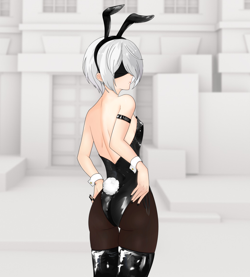 1girl absurdres adjusting_clothes amrb animal_ears armband ass backless_outfit bodysuit boots fake_animal_ears fake_tail highleg highleg_leotard highres latex latex_bodysuit latex_boots leotard nier:automata nier_(series) pantyhose playboy_bunny rabbit_ears rabbit_tail side-tie_leotard strapless strapless_leotard tail thigh_boots thighs wrist_cuffs yorha_no._2_type_b