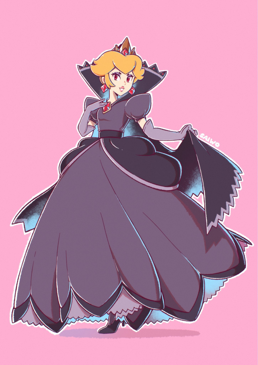 1girl black_dress black_gloves blonde_hair crown dress earrings elbow_gloves full_body gloves highres jewelry looking_at_viewer mario_(series) medium_hair paper_mario paper_mario:_the_thousand_year_door pink_background princess_peach red_eyes saiwo_(saiwoproject) shadow_queen simple_background solo