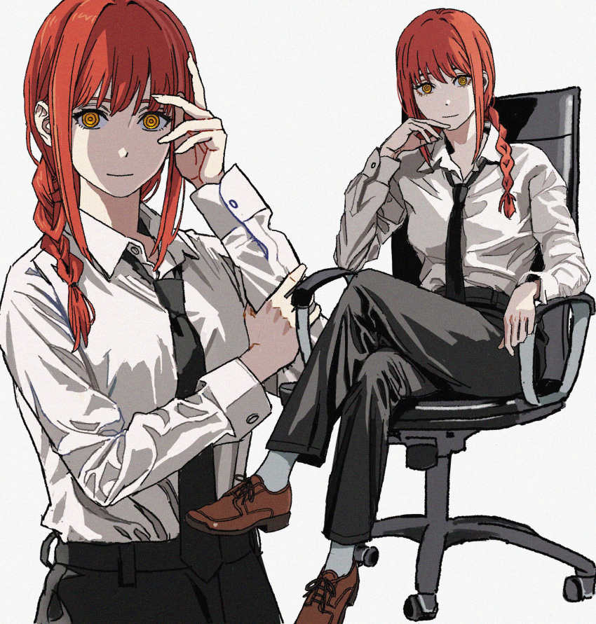 1girl absurdres black_necktie black_pants braid braided_ponytail chainsaw_man crossed_legs formal hair_over_shoulder highres light_smile looking_at_viewer makima_(chainsaw_man) multiple_views necktie open_collar orange_eyes pants red_hair ringed_eyes shiren_(ourboy83) shirt sidelocks simple_background sitting swivel_chair white_background white_shirt