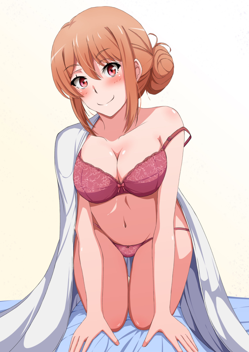 1girl all_fours blanket blush bow bow_bra bra breasts cleavage closed_mouth collarbone hair_bun highres konoyan lace lace-trimmed_bra lace_panties lace_trim looking_at_viewer mature_female medium_breasts navel orange_hair panties pink_bra pink_panties red_eyes short_hair_with_long_locks simple_background single_bare_shoulder single_hair_bun smile solo strap_slip string_panties thigh_gap thighs under_covers underwear underwear_only white_background yahari_ore_no_seishun_lovecome_wa_machigatteiru. yuigahama_yui's_mother