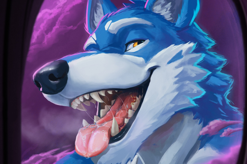 2023 aircraft airplane anthro blue_body blue_fur bodily_fluids canid canine canis cloud dark_clouds digital_media_(artwork) dripping first_person_view fur hi_res larger_anthro macro mammal micro open_mouth purple_clouds saliva saliva_drip sharp_teeth size_difference smaller_anthro teeth thb886 tongue tongue_out white_body white_fur window wolf wolfie_(thb886)