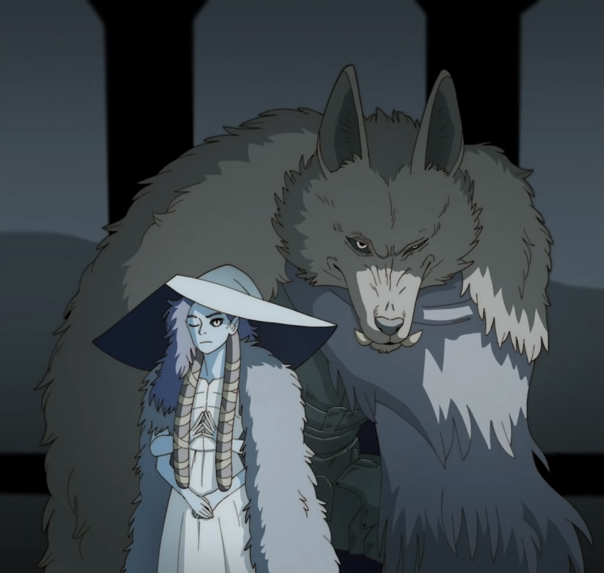 4_arms ambiguous_gender anthro armor blaidd_(elden_ring) canid canine canis clothed clothing drawfee duo elden_ring fromsoftware fully_clothed fur ghibli grey_body grey_fur hair hat headgear headwear hi_res humanoid jacob_andrews mammal multi_arm multi_limb one_eye_closed princess_mononoke ranni_the_witch sharp_teeth teeth underbite wolf