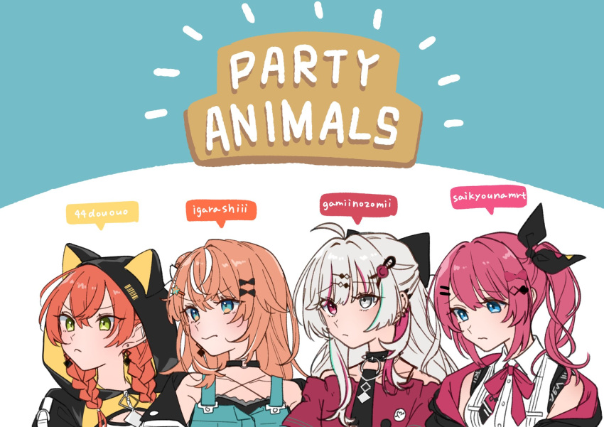 4girls :&lt; ahoge animal_ear_hood bare_shoulders black_bow black_choker black_jacket black_necktie black_ribbon blue_eyes blue_overalls blush bow bowtie braid breasts brown_hair choker closed_mouth collarbone collared_shirt commentary_request ear_bar ear_piercing earrings frilled_shirt frills green_eyes grey_eyes hair_between_eyes hair_bow hair_ornament hair_ribbon hairclip half_updo heterochromia highres hood hooded_jacket igarashi_rika ishigami_nozomi jacket jewelry kashikaze kuramochi_meruto long_hair low_twin_braids medium_breasts multicolored_eyes multicolored_hair multiple_girls necktie nijisanji open_clothes open_jacket orange_eyes orange_hair overalls piercing pink_bow pink_bowtie pink_hair red_eyes red_hair red_shirt ribbon shirt shishido_akari side_ponytail sidelocks sleeveless sleeveless_shirt spiked_choker spikes streaked_hair twin_braids upper_body virtual_youtuber wavy_mouth white_hair white_shirt yellow_jacket