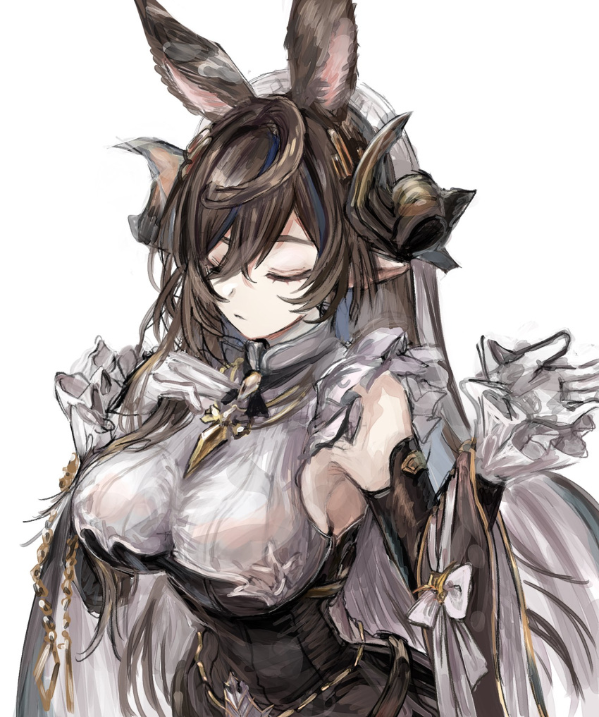 1girl animal_ears blue_hair breasts brown_hair closed_eyes closed_mouth commentary detached_sleeves dress extra_ears frills galleon_(granblue_fantasy) gloves granblue_fantasy hair_between_eyes hat highres horns large_breasts long_hair long_sleeves nataro_1116 pointy_ears simple_background solo striped upper_body very_long_hair white_background white_gloves white_headwear