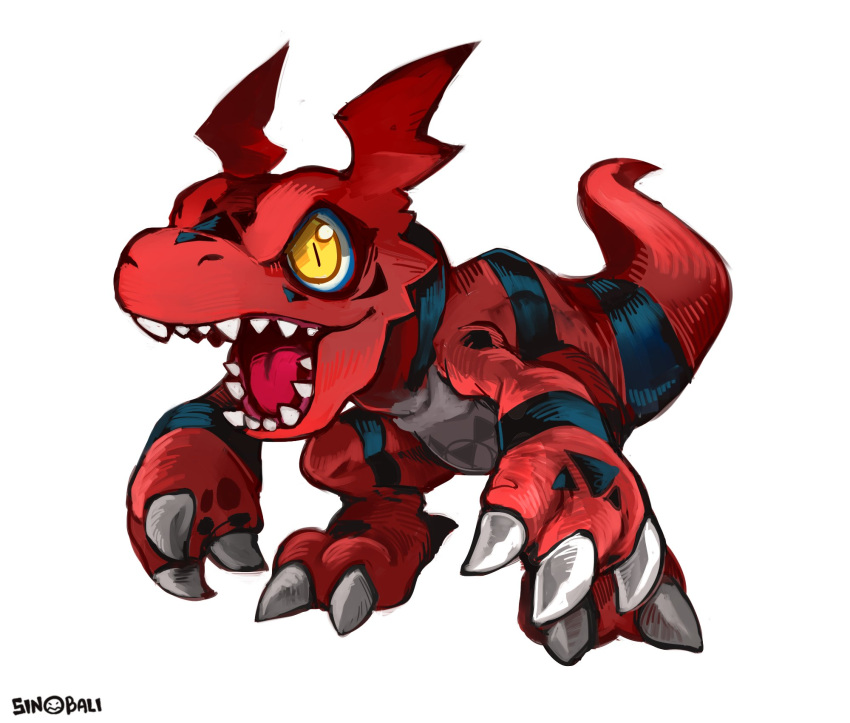 artist_name claws digimon digimon_(creature) digital_hazard full_body guilmon highres no_humans open_mouth sharp_teeth simple_background sinobali solo tail teeth white_background yellow_eyes