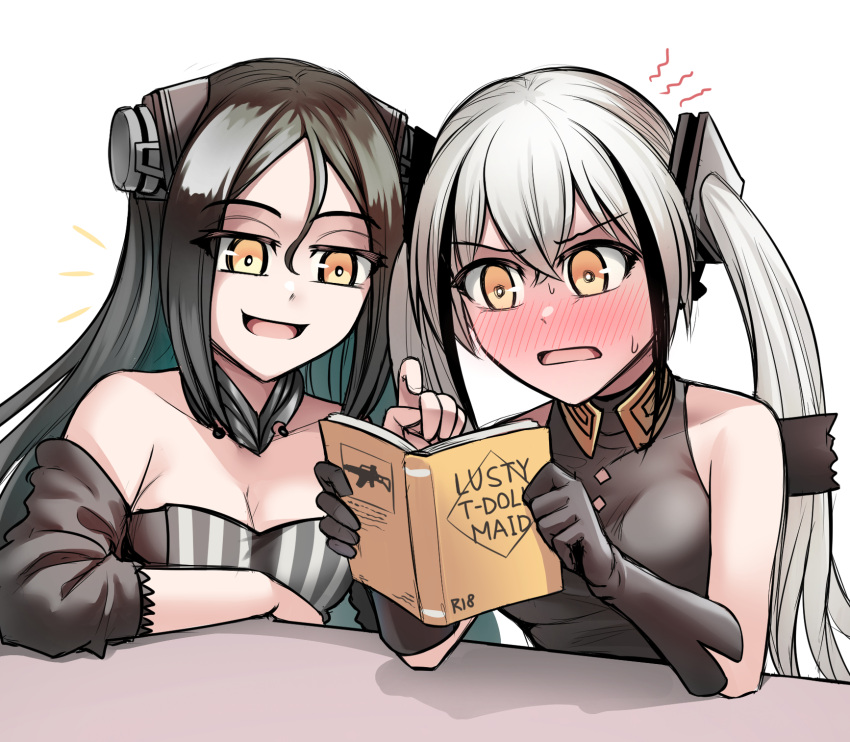 2girls arm_on_table assault_rifle bare_shoulders black_gloves black_hair blush book breasts collarbone commentary content_rating destroyer_(girls'_frontline) dreamer_(girls'_frontline) embarrassed english_commentary girls'_frontline gloves grey_hair gun h&amp;k_g36 hair_between_eyes hair_ornament highres holding holding_book long_hair multicolored_hair multiple_girls open_mouth orange_eyes parody pointing reading rifle senpaihawkkun silhouette simple_background sleeveless smile sweat the_elder_scrolls twintails upper_body weapon white_background