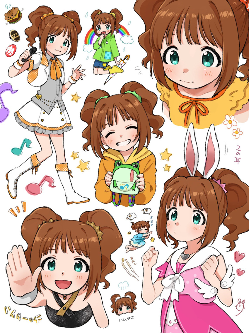 1girl :3 animal_bag animal_ears aqua_eyes backpack bag blush brown_hair closed_eyes closed_mouth dress fake_animal_ears grin highres hood hoodie idol idolmaster idolmaster_(classic) medium_hair microphone multiple_views musical_note naruse_ill open_mouth orange_hoodie pink_dress pout rabbit_ears rainbow raincoat shirt shorts skirt sleeping smile solo star_(symbol) takatsuki_yayoi twintails wavy_hair white_background