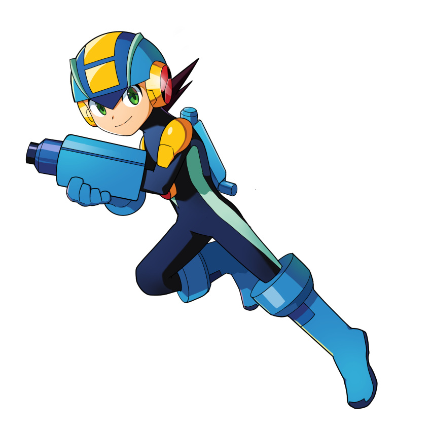 1boy android arm_cannon blue_bodysuit blue_footwear blue_gloves bodysuit boots full_body gloves green_eyes helmet highres looking_at_viewer male_focus mega_man_(series) mega_man_battle_network_(series) megaman.exe poshino_pikari smile solo transparent_background weapon