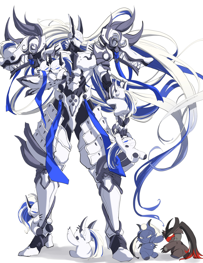 1boy absurdres armor fate/grand_order fate_(series) full_armor full_body highres jojo05_rabbit09 looking_to_the_side male_focus minamoto_no_tametomo_(fate) minamoto_no_tametomo_(second_ascension)_(fate) minamoto_no_tametomo_(third_ascension)_(fate) multiple_persona purple_armor purple_eyes shoulder_armor simple_background solo white_armor white_background white_eyes