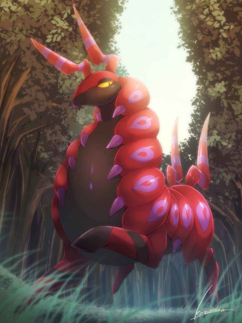 animal_focus colored_sclera forest grass highres katashiro_(58) nature no_humans no_mouth outdoors pokemon pokemon_(creature) scolipede signature sky solo tree white_sky yellow_sclera