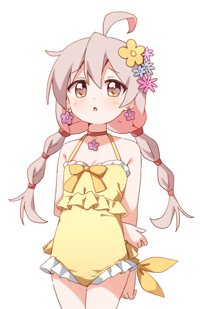 1girl :o ahoge armpit_crease arms_behind_back bare_arms bare_shoulders blush bow bow_swimsuit braid brown_eyes casual_one-piece_swimsuit choker cowboy_shot dot_nose earrings flower flower_choker flower_earrings frilled_one-piece_swimsuit frills furrowed_brow grey_hair hair_between_eyes hair_flower hair_ornament halterneck hand_on_own_arm haru_(konomi_150) highres holding_own_arm jewelry long_hair looking_at_viewer low_twintails namori_(style) one-piece_swimsuit onii-chan_wa_oshimai! oyama_mahiro parted_lips pendant pendant_choker red_choker side-tie_swimsuit simple_background solo standing swimsuit twin_braids twintails white_background yellow_bow yellow_one-piece_swimsuit