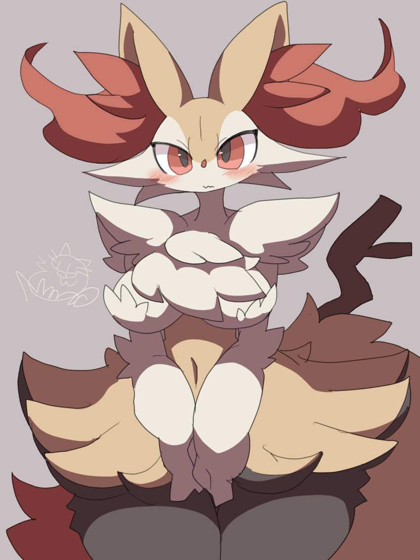 absurd_res anthro blush braixen breasts female fluffy fluffy_tail fur generation_6_pokemon hi_res nintendo nyaswitchnya pokemon pokemon_(species) red_eyes simple_background solo stick_in_tail tail yellow_body yellow_fur