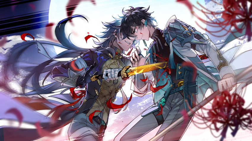 2boys aqua_jacket bandaged_hand bandages belt black_belt black_coat black_gloves black_hair black_shirt blade_(honkai:_star_rail) blood blue_hair brown_belt chinese_clothes coat covered_eyes cowboy_shot dan_heng_(honkai:_star_rail) dark_blue_hair earrings evil_grin evil_smile falling_petals flower from_above full_moon gloves green_eyes grey_pants grin hair_between_eyes hair_over_one_eye highres holding holding_polearm holding_sword holding_weapon honkai:_star_rail honkai_(series) impaled jacket jewelry limaomao long_hair long_sleeves looking_at_another male_focus mismatched_earrings moon motion_blur multicolored_clothes multicolored_jacket multiple_boys night pants petals polearm profile reverse_grip shirt short_hair single_glove smile spider_lily sword thigh_strap two-tone_jacket weapon white_jacket