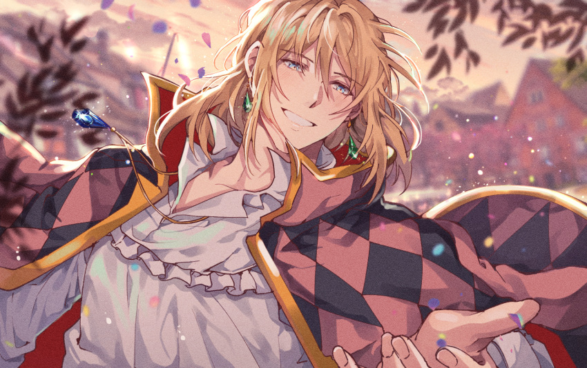 1boy black_jacket blonde_hair blue_eyes blue_gemstone blurry blurry_background blush cloud cloudy_sky collarbone collared_shirt earrings evening fingernails frills gem gradient_sky green_gemstone hair_between_eyes hand_up house howl_(howl_no_ugoku_shiro) howl_no_ugoku_shiro jacket jewelry leaf long_sleeves looking_at_viewer male_focus multicolored_clothes multicolored_jacket necklace open_clothes open_jacket outdoors petals pink_jacket purple_sky red_jacket ronpu_cooing shirt short_hair sky smile solo sparkle standing teeth two-sided_fabric two-sided_jacket upper_body white_shirt yellow_sky