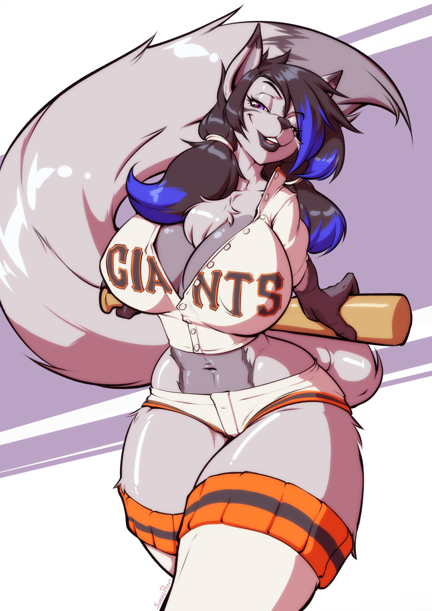 2022 absurd_res anthro baseball_bat baseball_uniform bat_(object) big_breasts biped black_hair black_lips bottomwear breasts canid canine canis clothing coyote female fluffy fluffy_tail fox fur grey_body grey_fur hair half-closed_eyes hi_res huge_breasts hybrid lips looking_at_viewer mammal narrowed_eyes navel new_york_giants nfl purple_eyes shorts smile solo sportswear svenners tail uniform zenocoyote_(oc)