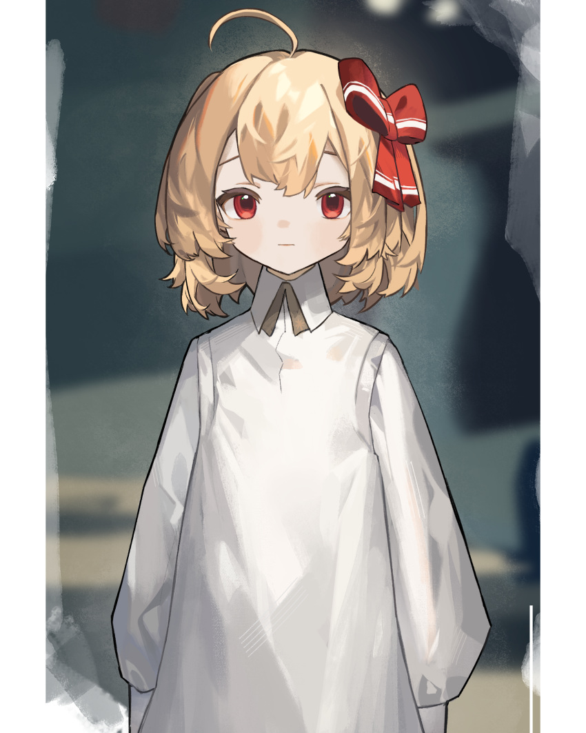 1girl absurdres ahoge blonde_hair closed_mouth clynxen collared_shirt hair_ribbon highres long_sleeves looking_at_viewer pillarboxed puffy_long_sleeves puffy_sleeves red_eyes red_ribbon ribbon rumia shirt short_hair sleeves_past_fingers sleeves_past_wrists solo touhou upper_body white_shirt