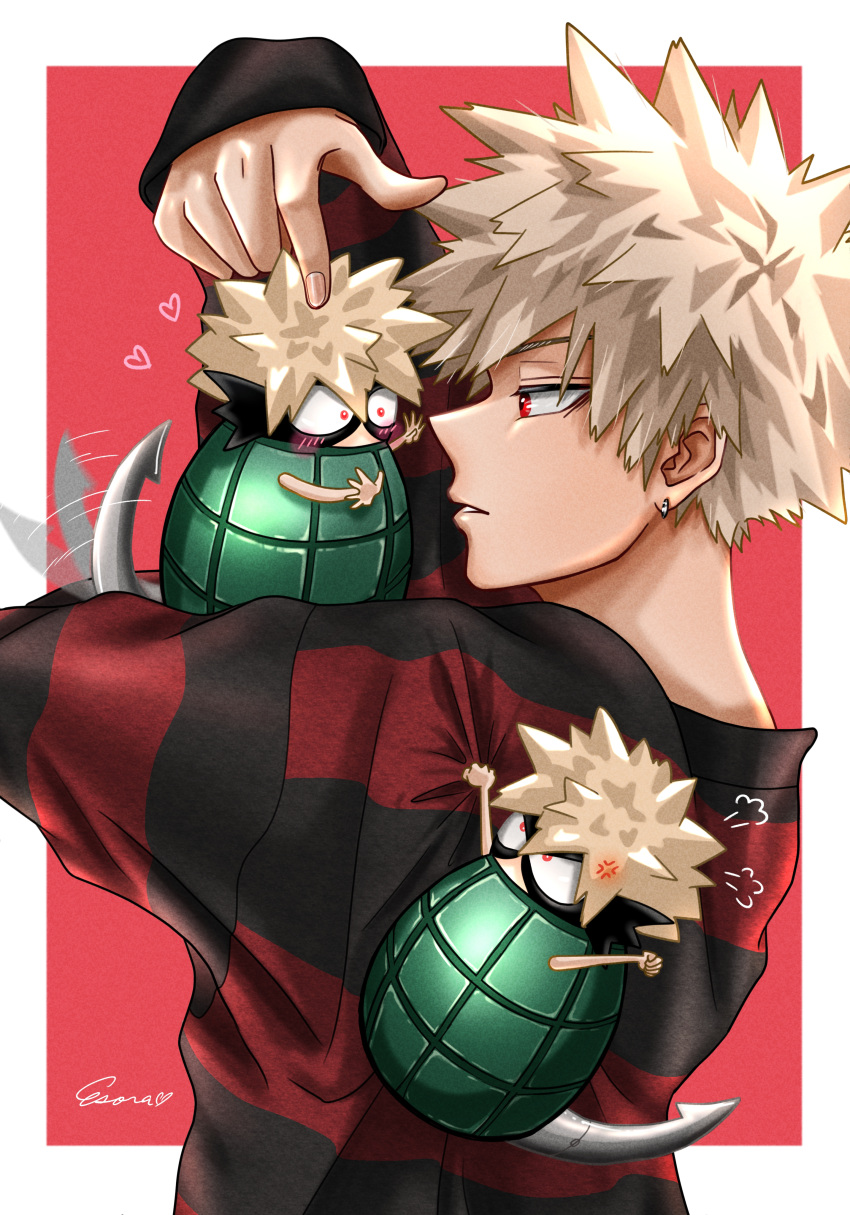 1boy absurdres bakugou_katsuki black_shirt blonde_hair boku_no_hero_academia bomb earrings esora-arts explosive grenade highres jewelry long_sleeves male_focus red_eyes shirt short_hair spiked_hair striped striped_shirt