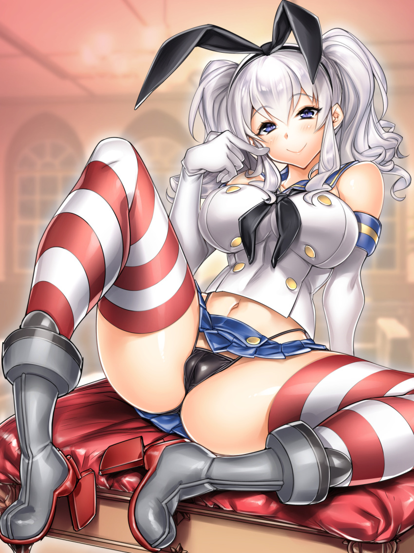 1girl animal_ears blue_eyes breasts cameltoe cosplay elbow_gloves fake_animal_ears gloves grey_hair high_heels highleg highleg_panties highres hiyohiyo indoors kantai_collection kashima_(kancolle) large_breasts microskirt miniskirt panties rudder_footwear school_uniform serafuku shimakaze_(kancolle) shimakaze_(kancolle)_(cosplay) sitting skirt smile thong twintails underwear window