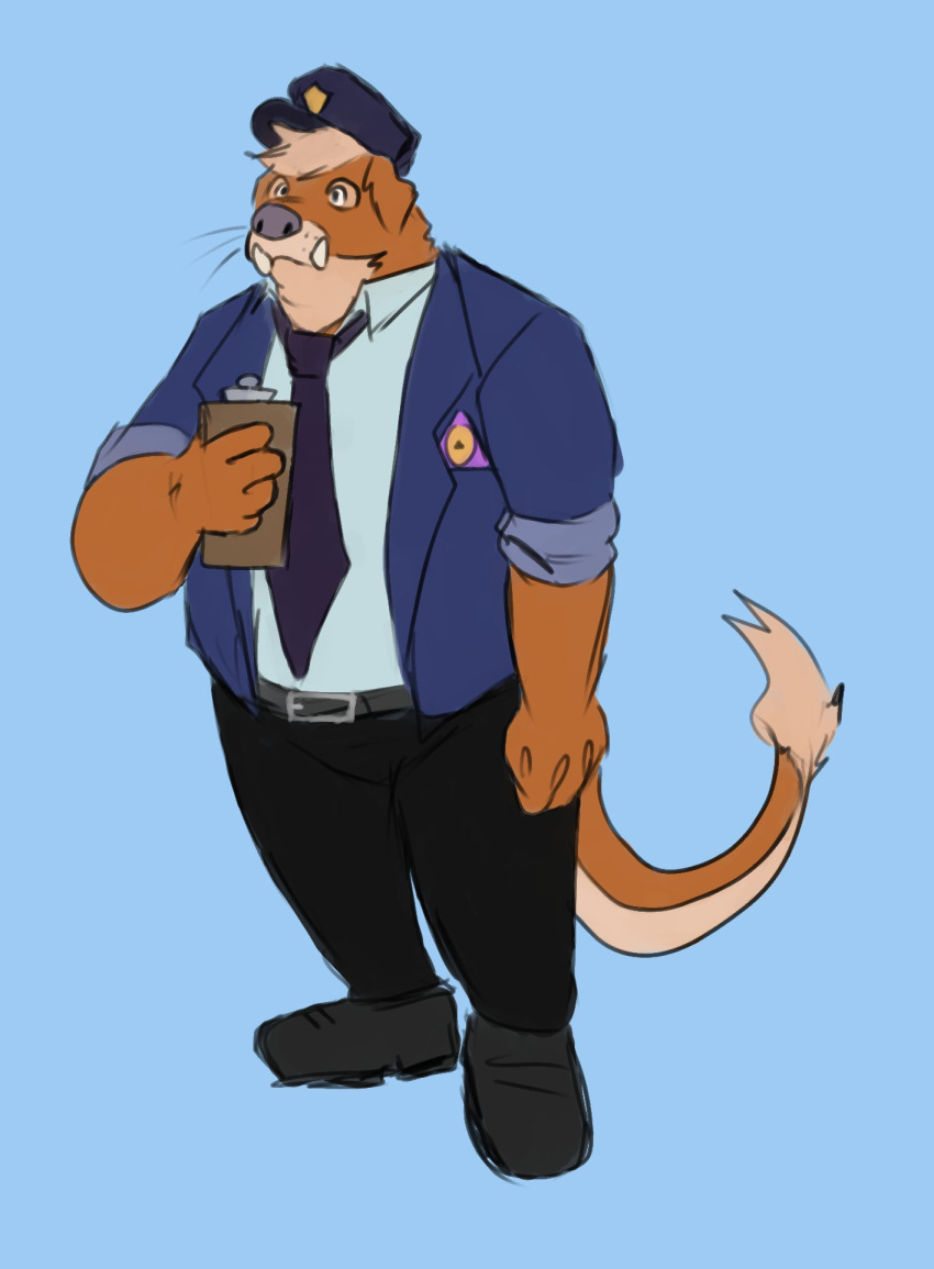 2023 aged_up anthro blue_background bottomwear brok_the_investigator brown_body clothing duskneko hi_res hybrid male mammal mustelid necktie ott_(brok_the_investigator) otter pants police_hat police_uniform shirt simple_background slightly_chubby solo suid suina topwear uniform warthog